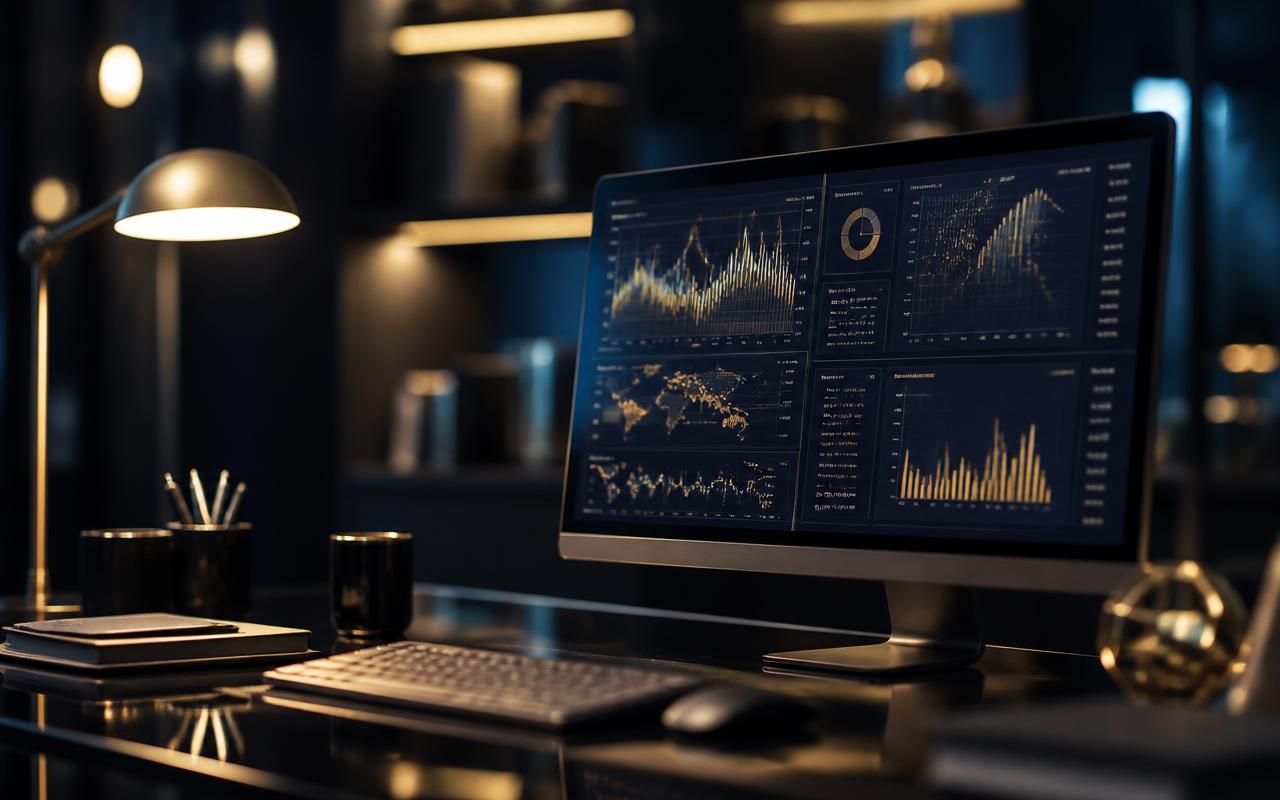 Investment portfolio dashboard displayed on a screen in a modern dark office
