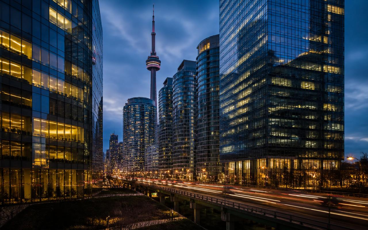 Canadian financial district towers illuminated at dusk
