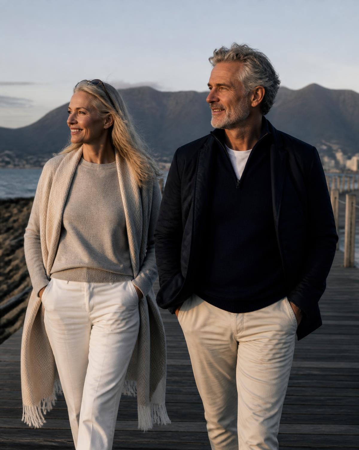 Retired Canadian couple walking a seaside boardwalk with mountains behind them